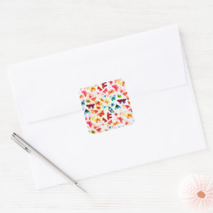 Pegatina Cuadrada Whimsical Rainbow Forest Butfly acuarela