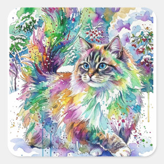 Pegatina Cuadrada Whimsical Rainbow Watercolor Fluffy Cat in Winter 
