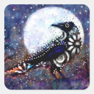 Pegatina Cuadrada Whimsical Raven Moon Floral Azul Blanco Negro