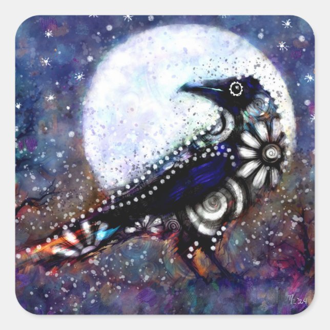 Pegatina Cuadrada Whimsical Raven Moon Floral Azul Blanco Negro (Anverso)