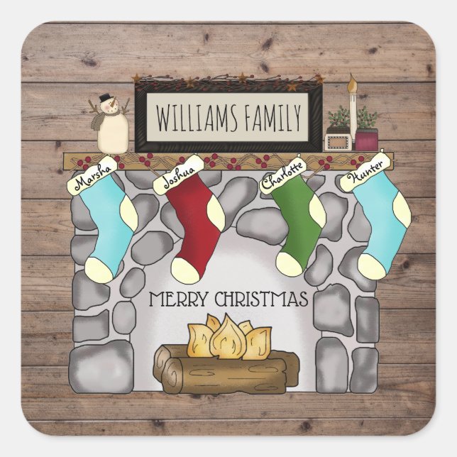 Pegatina Cuadrada Whimsical Rustic Country Home & Hearth Name (Anverso)