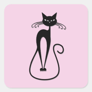 Pegatina Cuadrada Whimsical Skinny Black Cat Rosa