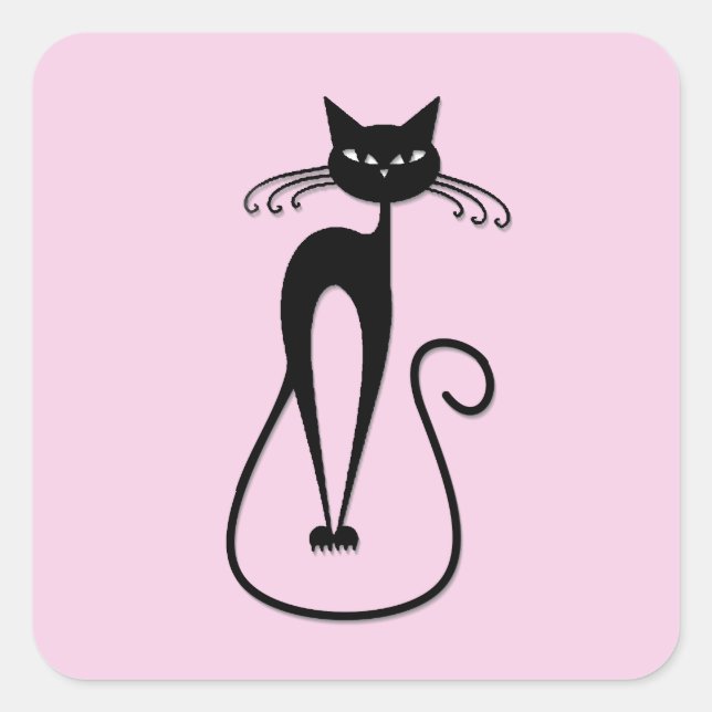Pegatina Cuadrada Whimsical Skinny Black Cat Rosa (Anverso)