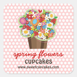 Pegatina Cuadrada Whimsical Sweet Cupakes Spring Flores Moda Floral