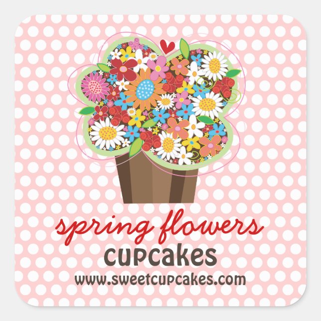 Pegatina Cuadrada Whimsical Sweet Cupakes Spring Flores Moda Floral (Anverso)
