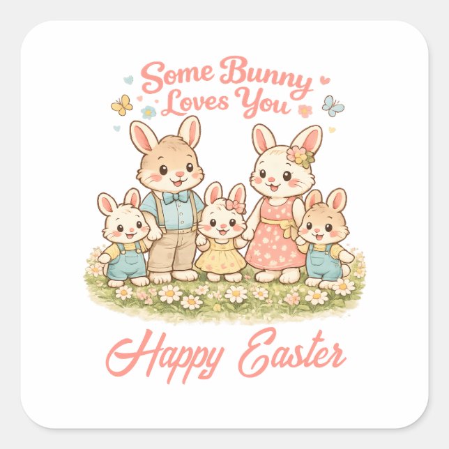 Pegatina Cuadrada Whimsical Watercolor Bunny Family Happy Easter (Anverso)