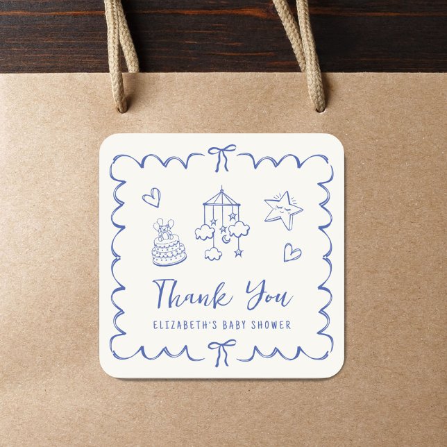 Pegatina Cuadrada Whimsical Wavy Frame Baby Shower (Subido por el creador)