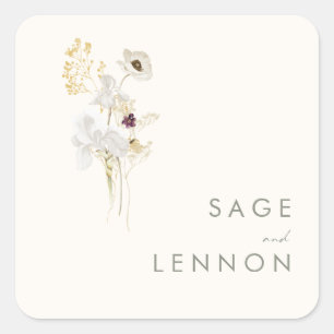 Pegatina Cuadrada Whimsical Wildflower Bouquet Sobre de marfil