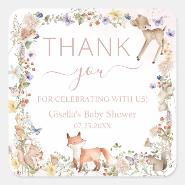Pegatina Cuadrada Whimsical Woodland Animals Wildflower Baby Shower  (Anverso)
