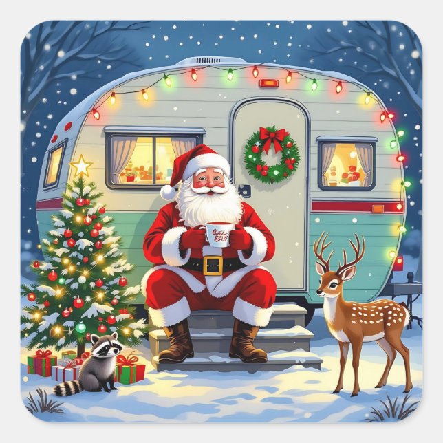 Pegatina Cuadrada Whimsical Woodland Christmas and Retro RV Camper (Anverso)