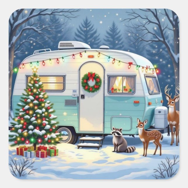 Pegatina Cuadrada Whimsical Woodland Creatures and Retro RV Camper (Anverso)