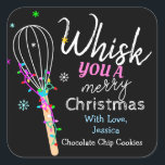 Pegatina Cuadrada Whisk You a Merry Christmas Baking<br><div class="desc">Un colorido pegatina de la plaza de vacaciones con un colorido Navidad de colores "Whisk you a Merry Christmas",  luces y diseño de copos de nieve. Este pegatina vacacional está disponible para ser personalizado en la parte inferior con nombre y buena información horneada.</div>