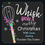 Pegatina Cuadrada Whisk You a Merry Christmas Baking<br><div class="desc">Un colorido pegatina de la plaza de vacaciones con un colorido Navidad de colores "Whisk you a Merry Christmas",  luces y diseño de copos de nieve. Este pegatina vacacional está disponible para ser personalizado en la parte inferior con nombre y buena información horneada.</div>