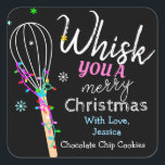 Pegatina Cuadrada Whisk You a Merry Christmas Baking<br><div class="desc">Un colorido pegatina de la plaza de vacaciones con un colorido Navidad de colores "Whisk you a Merry Christmas",  luces y diseño de copos de nieve. Este pegatina vacacional está disponible para ser personalizado en la parte inferior con nombre y buena información horneada.</div>