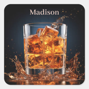 Pegatina Cuadrada Whiskey De Nombre Personalizado En Las Rocas