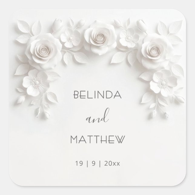Pegatina Cuadrada White 3D Floral Roses | Wedding (Anverso)