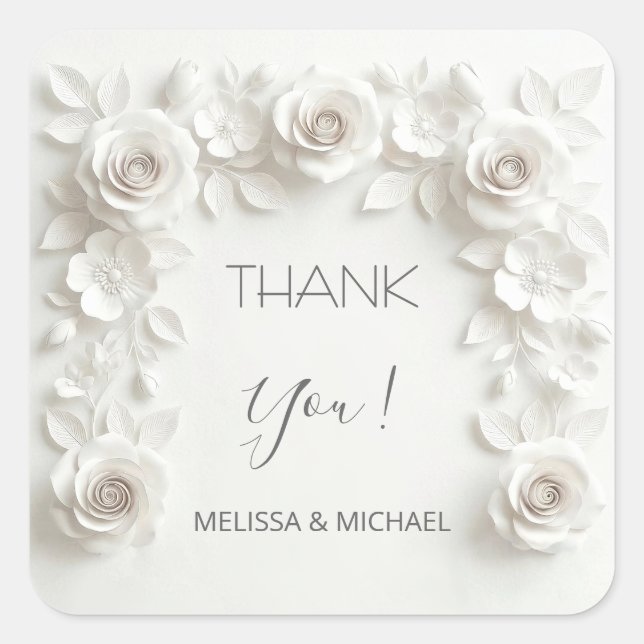 Pegatina Cuadrada White 3D Roses Wedding Thank You (Anverso)