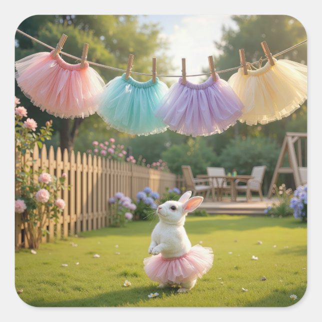 Pegatina Cuadrada White Bunny Wearing a Pink Tutu (Anverso)