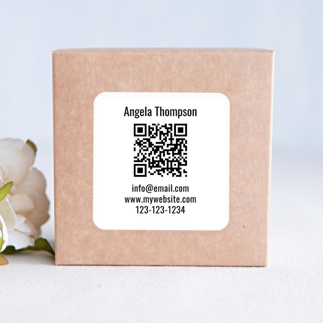 Pegatina Cuadrada White Business QR Code Custom Basic (Black and white basic QR code business product label sticker. )