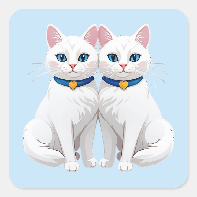 Pegatina Cuadrada White Cats With Blue Eyes 💙 Cute Twin Pets (Anverso)