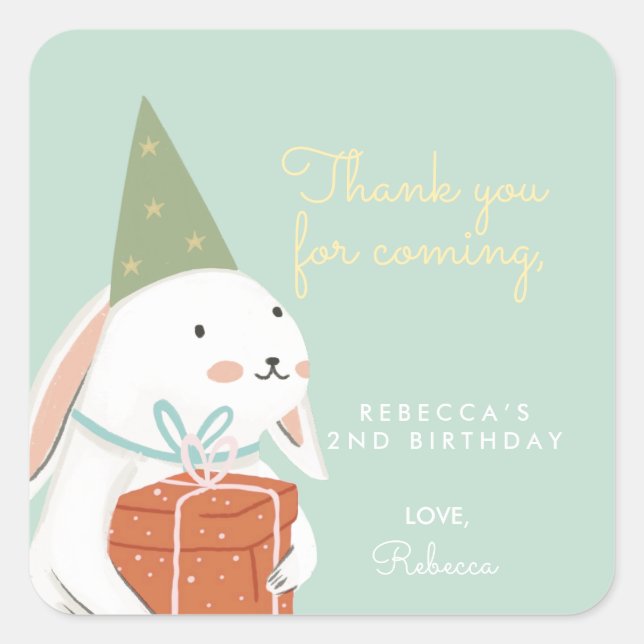 Pegatina Cuadrada White Cute Bunny Birthday Gracias (Anverso)