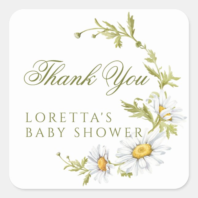 Pegatina Cuadrada White Daisy Floral Baby Shower Thank You  (Anverso)