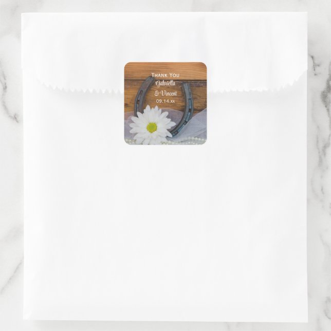 Pegatina Cuadrada White Daisy Horseshoe Country Wedding Gracias (Bolso)