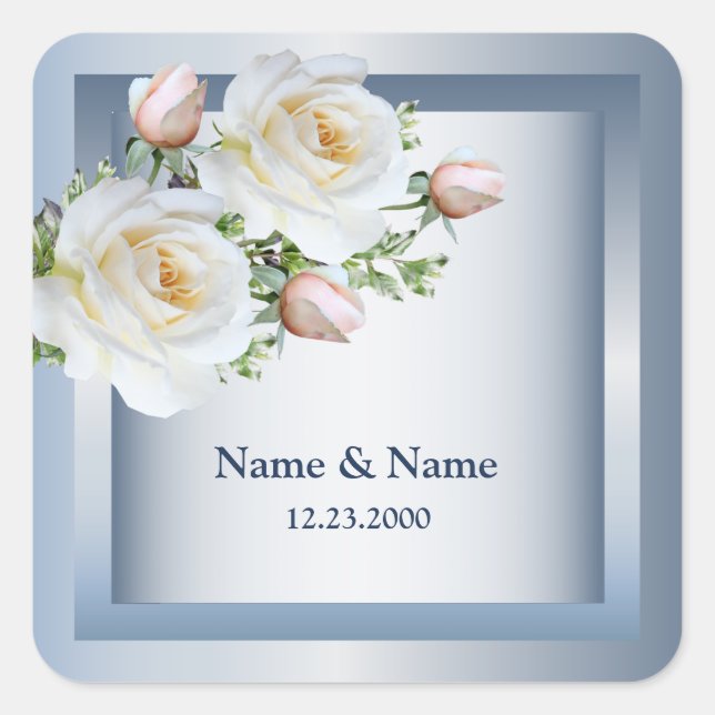 Pegatina Cuadrada White Floral Elegant Blue Gray (Anverso)