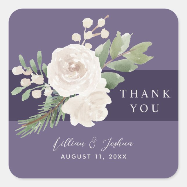 Pegatina Cuadrada White Floral Winter Greenery Wedding Thank You (Anverso)