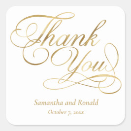 Pegatina Cuadrada White & Gold Foil Thank You Calligraphy Wedding
