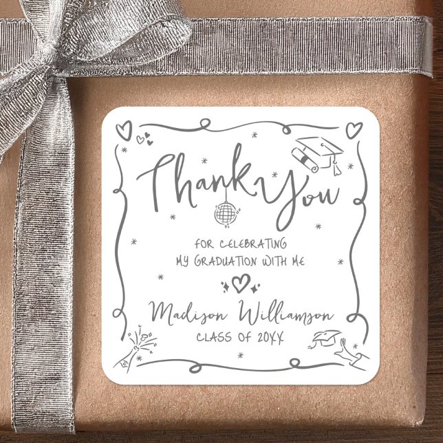 Pegatina Cuadrada White Gray Hand Drawn Doodle Graduation Thank You (Subido por el creador)