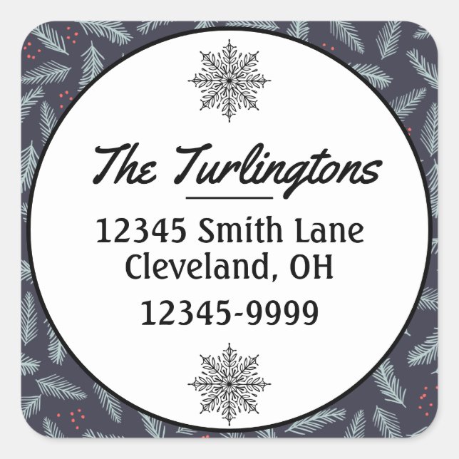 Pegatina Cuadrada White Pine Boughes Feathers Holly Return Address (Anverso)