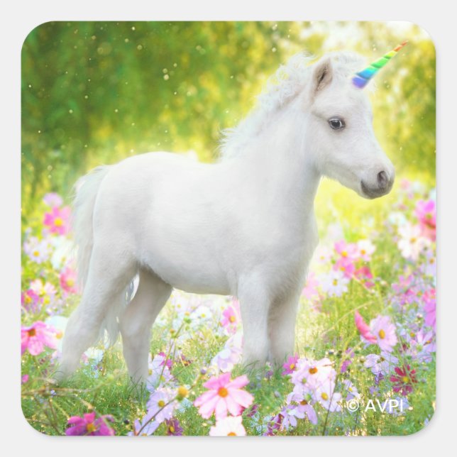 Pegatina Cuadrada White Pony Unicorn (Anverso)