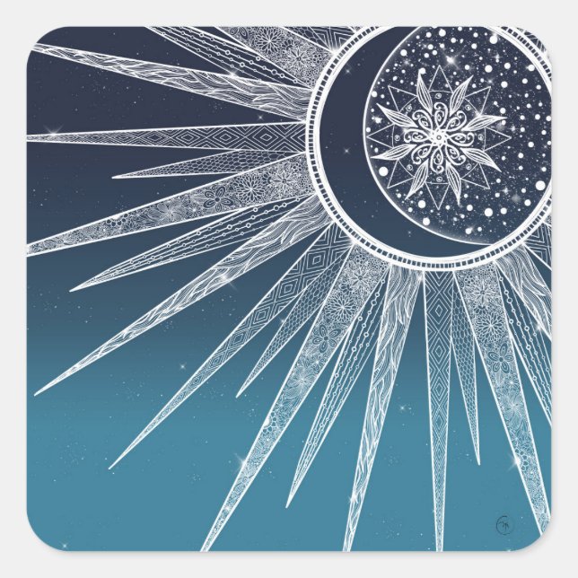 Pegatina Cuadrada White Sun Moon Mandala Blue Gradient Design (Anverso)