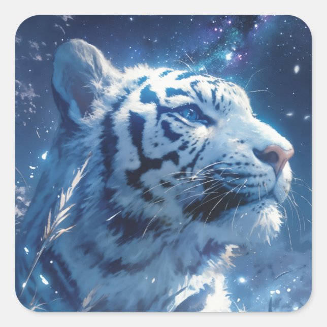 Pegatina Cuadrada White Tiger Profile Under Starry Night Sky (Anverso)