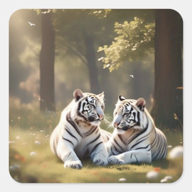 Pegatina Cuadrada White Tigers Serenity – Minimal Wildlife Sticker (Anverso)