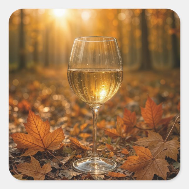 Pegatina Cuadrada White Wine Glass In Autumn Maple Leaves (Anverso)
