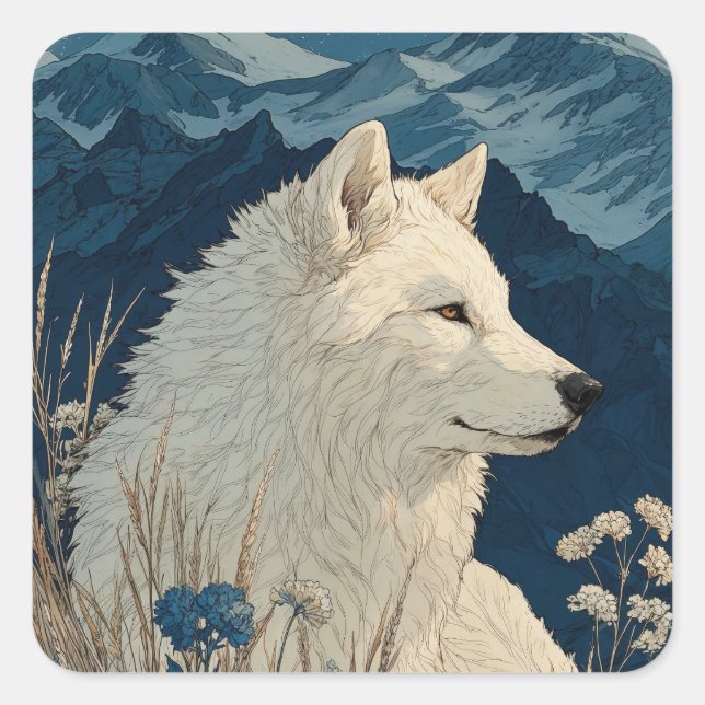 Pegatina Cuadrada White Wolf with Blue Flowers and Snowy Mountains (Anverso)