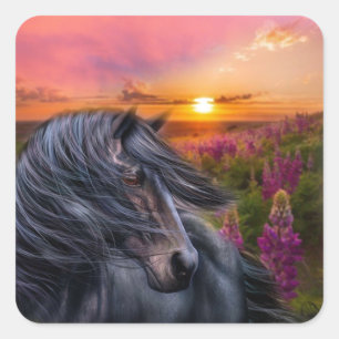 Pegatina Cuadrada Wild Black Stallion Horse Fantasy Art