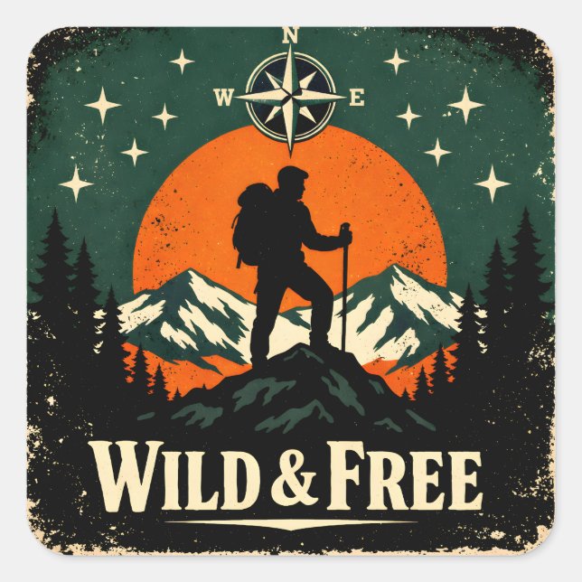 Pegatina Cuadrada Wild & Free – Outdoor Freedom Nature Spirit (Anverso)