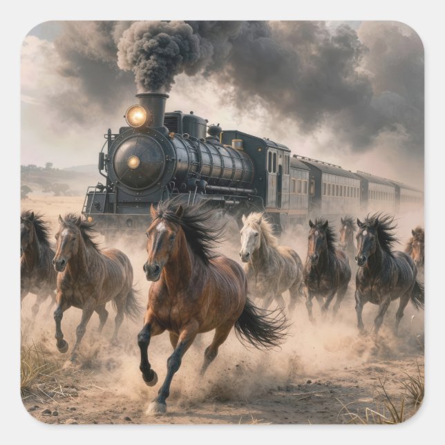 Pegatina Cuadrada Wild Mustangs Running Alongside Vintage Train (Anverso)