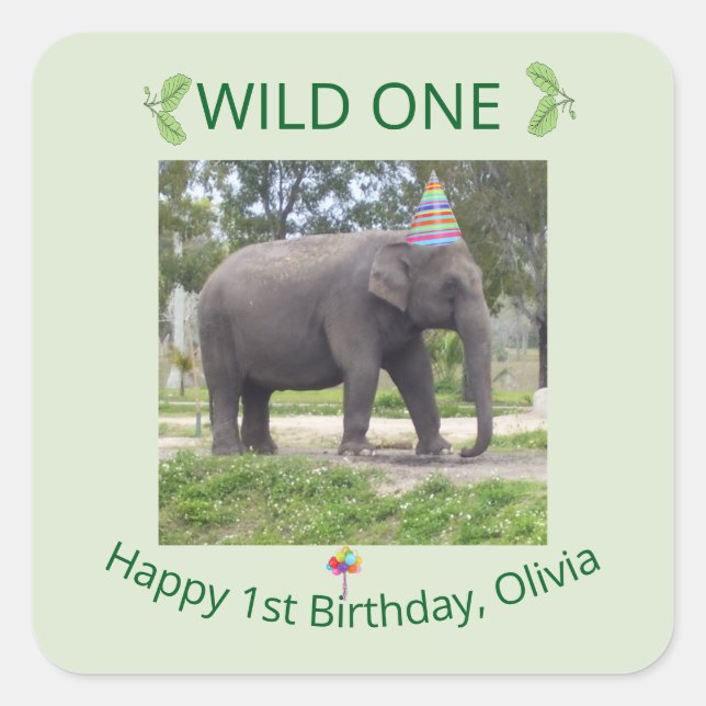 Pegatina Cuadrada Wild One Elephant Birthday Design (Anverso)