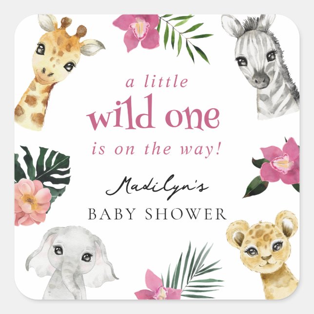 Pegatina Cuadrada Wild One Jungle Baby Shower (Anverso)