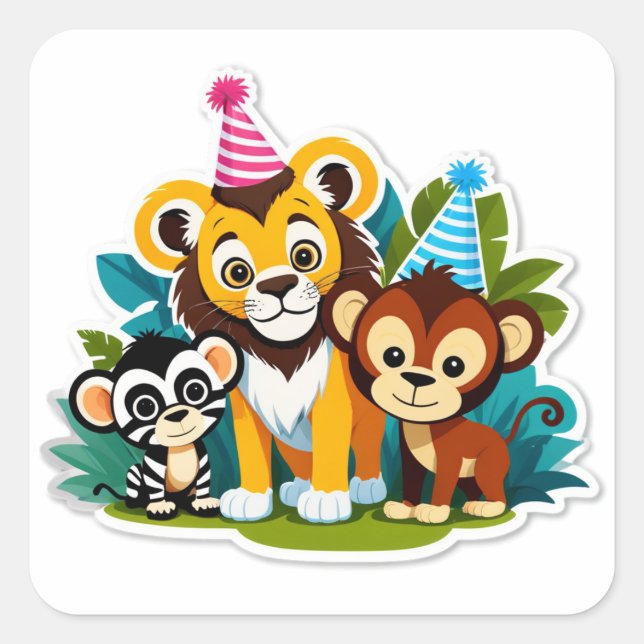 Pegatina Cuadrada Wild One – Jungle Friends Birthday Bash (Anverso)
