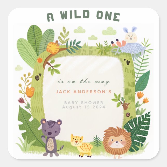 Pegatina Cuadrada Wild One Jungle Safari Green Baby Boy Baby Shower (Anverso)