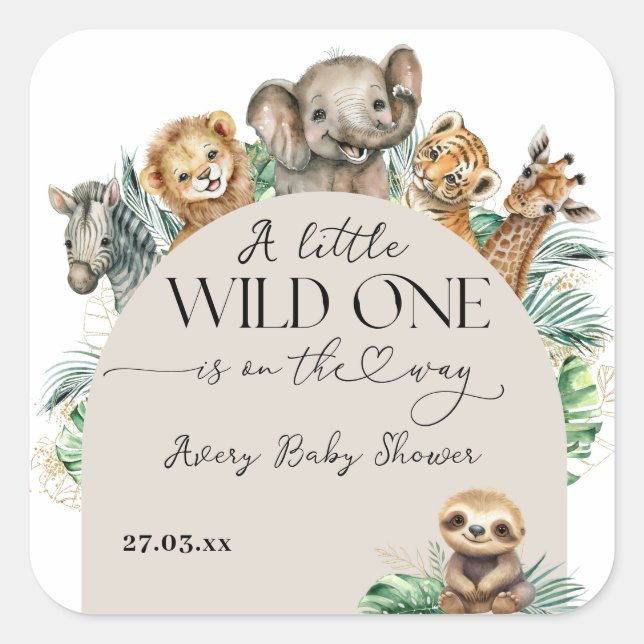 Pegatina Cuadrada Wild One Safari Animal Jungle Baby Shower moderno (Anverso)