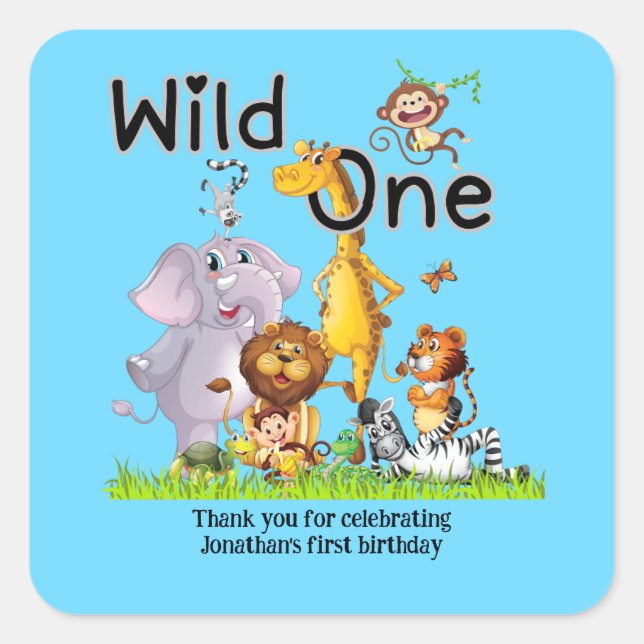 Pegatina Cuadrada Wild One Safari Animals 1st Birthday cartoon Invit (Anverso)