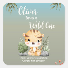 Pegatina Cuadrada Wild One Safari Animals Cute Tiger 1st Birthday