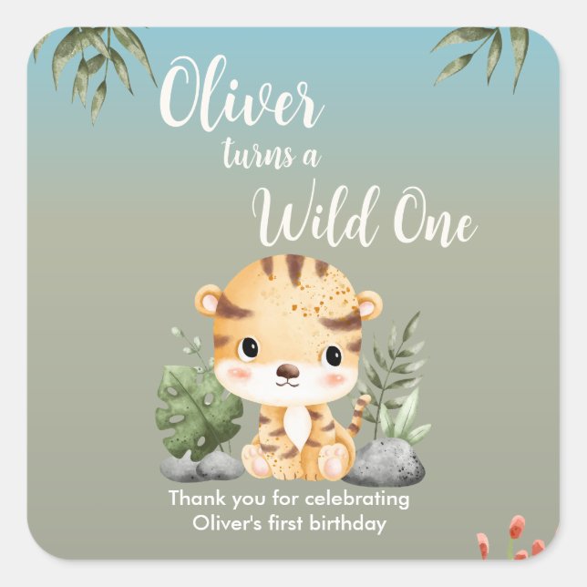 Pegatina Cuadrada Wild One Safari Animals Cute Tiger 1st Birthday (Anverso)