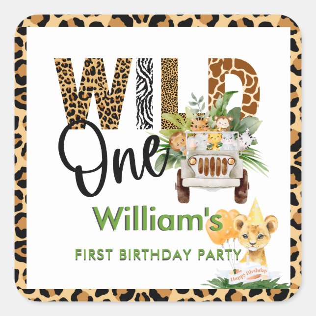 Pegatina Cuadrada Wild One Safari Animals First Birthday Boy  (Anverso)
